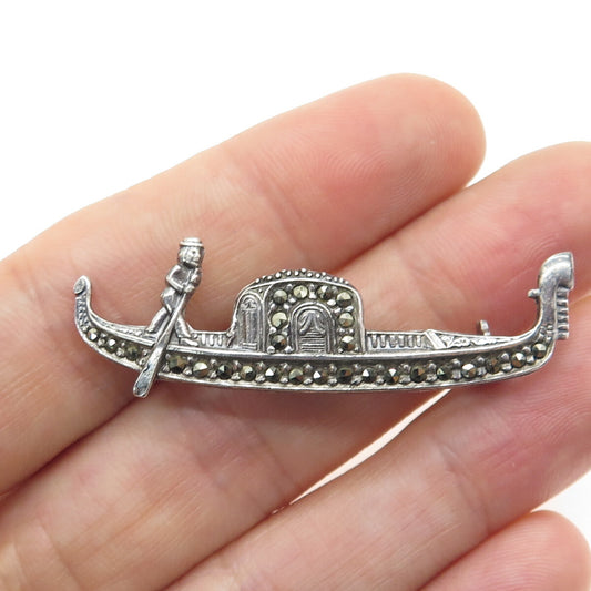 925 Sterling Silver Vintage Real Marcasite Gemstone Gondola Boat Pin Brooch