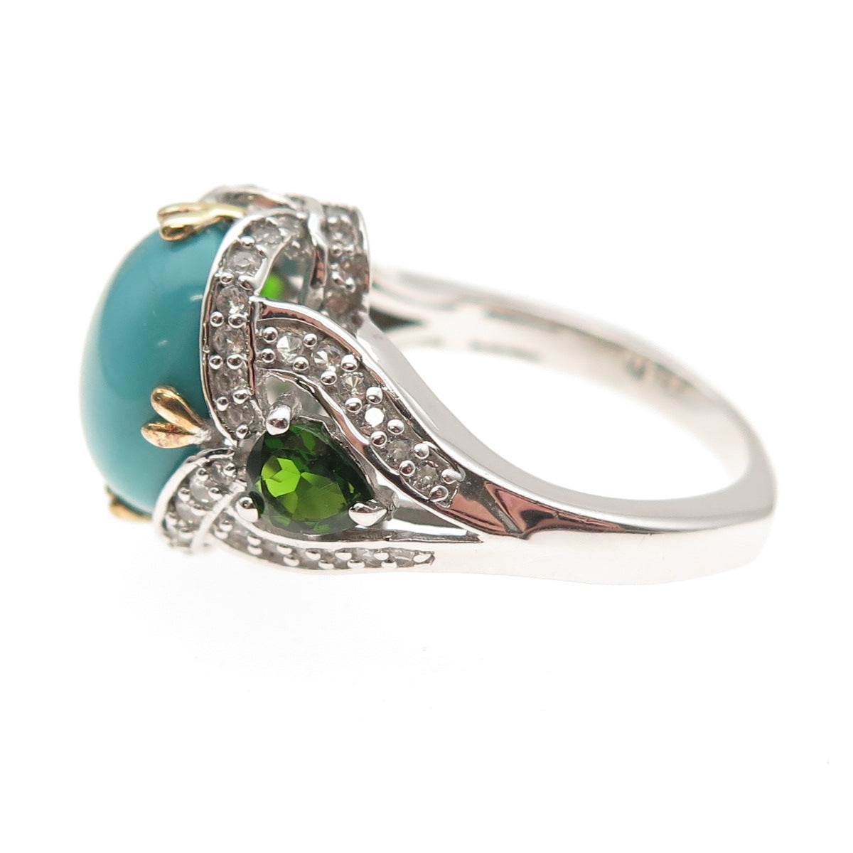 925 Sterling Silver 2-Tone Real Turquoise Peridot & White Topaz Ring Size 8.25