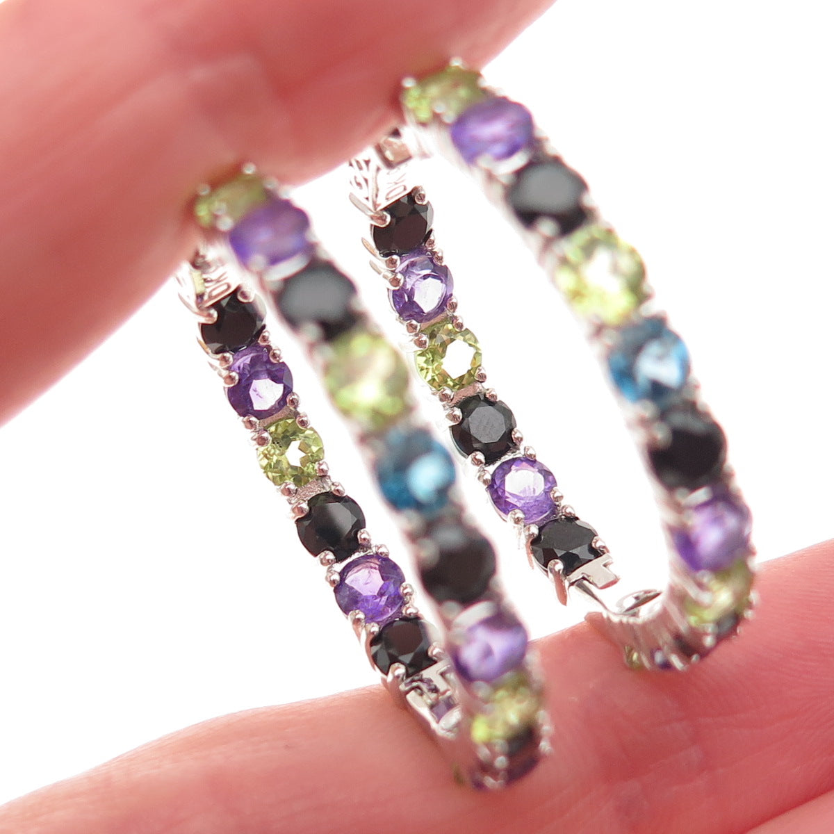 925 Sterling Silver Real Topaz Amethyst Peridot Spinel In & Out Hoop Earrings