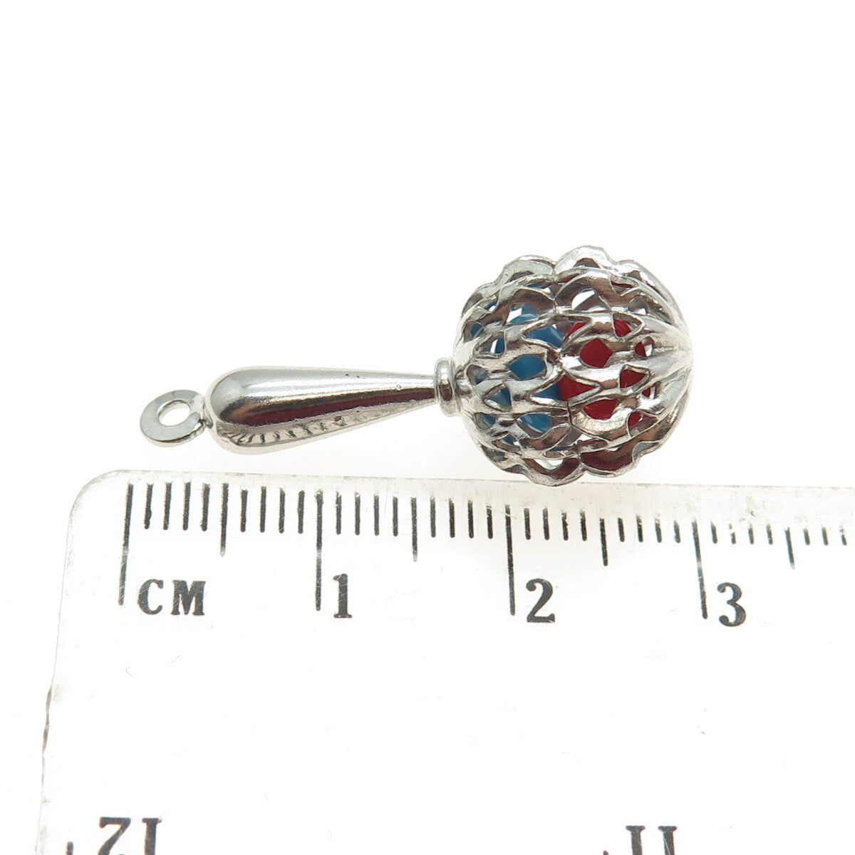 925 Sterling Silver Antique Art Deco Red & Blue Glass Baby Rattle Pendant