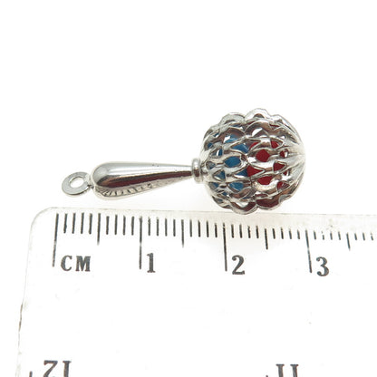 925 Sterling Silver Antique Art Deco Red & Blue Glass Baby Rattle Pendant