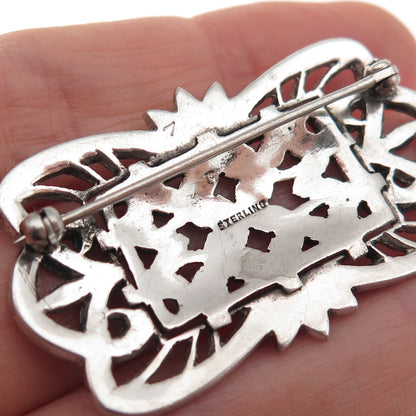 925 Sterling Silver Antique Art Deco Real Marcasite Floral Oxidized Pin Brooch