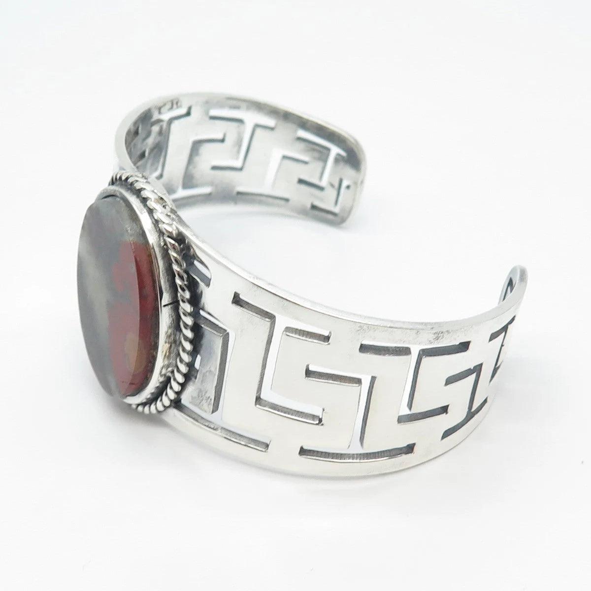 925 Sterling Silver Vintage Agate Gem Greek Maze Adjustable Cuff Bracelet 7.5"