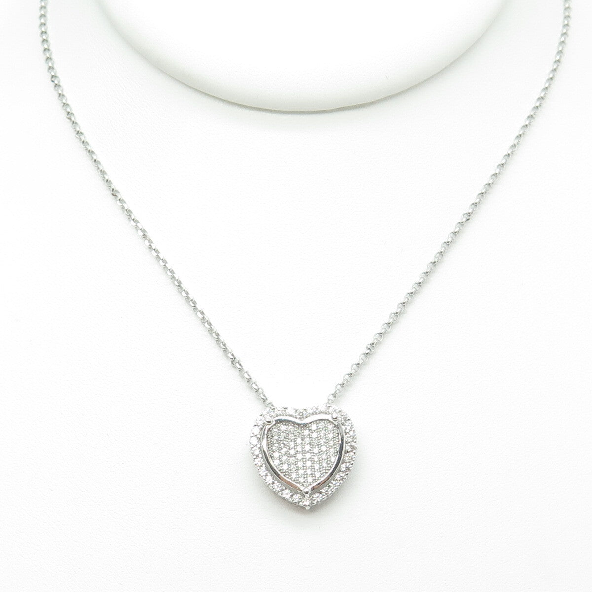 925 Sterling Silver Italy Round-Cut C Z Heart Rolo Chain Necklace 16"