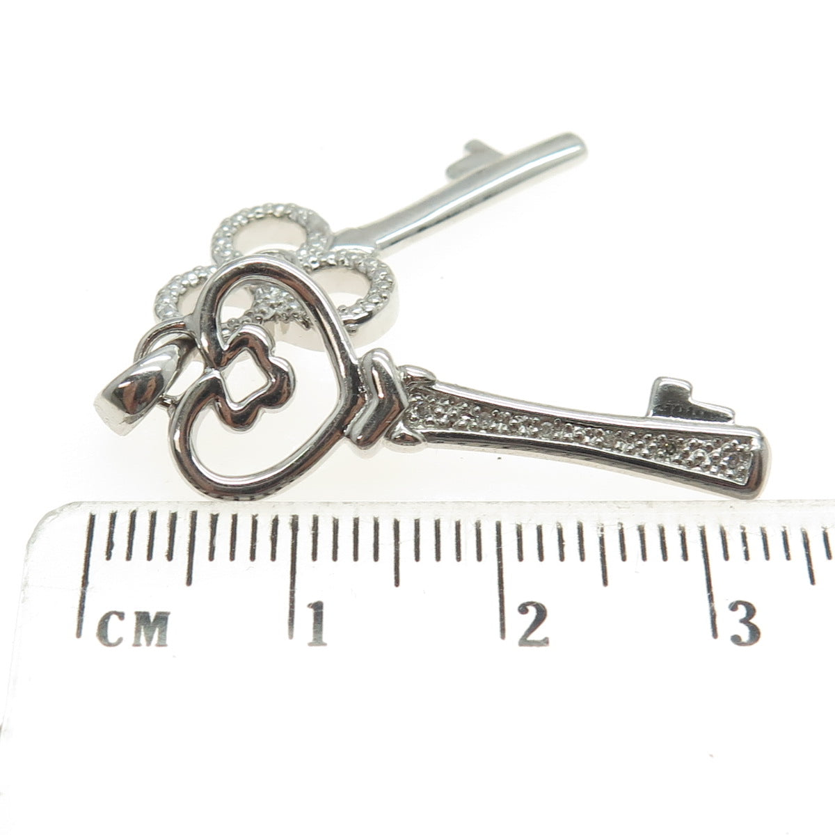 925 Sterling Silver Real Round-Cut Diamond Club & Heart Key Charm Pendant