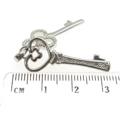 925 Sterling Silver Real Round-Cut Diamond Club & Heart Key Charm Pendant