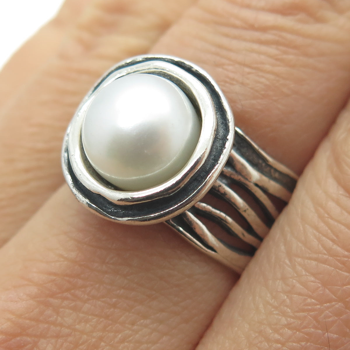 925 Sterling Silver Vintage Israel Real Pearl Modernist Oxidized Ring Size 8.25