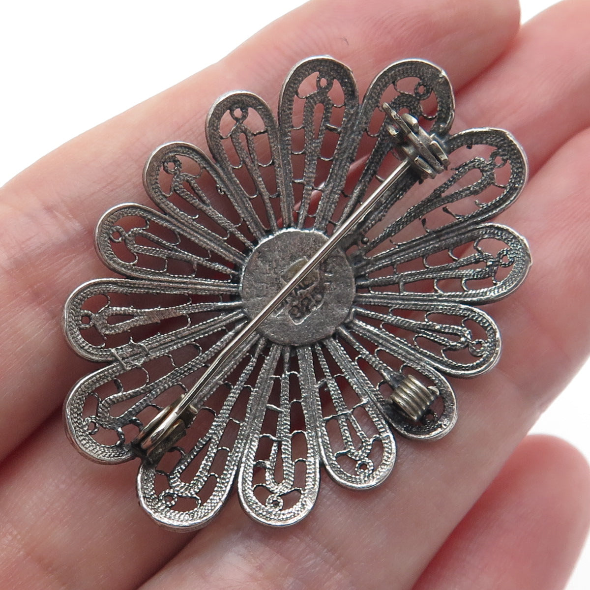 925 Sterling Vintage Israel Real Carnelian Filigree Flower Oxidized Pin Brooch