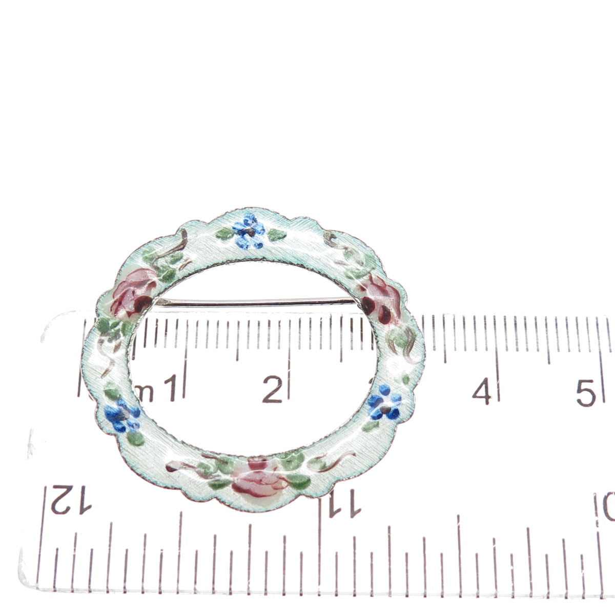 LAMODE 925 Sterling Silver Antique Art Deco Enamel Rose Flower Circle Pin Brooch