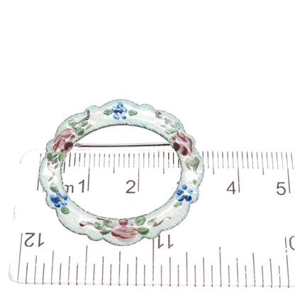LAMODE 925 Sterling Silver Antique Art Deco Enamel Rose Flower Circle Pin Brooch