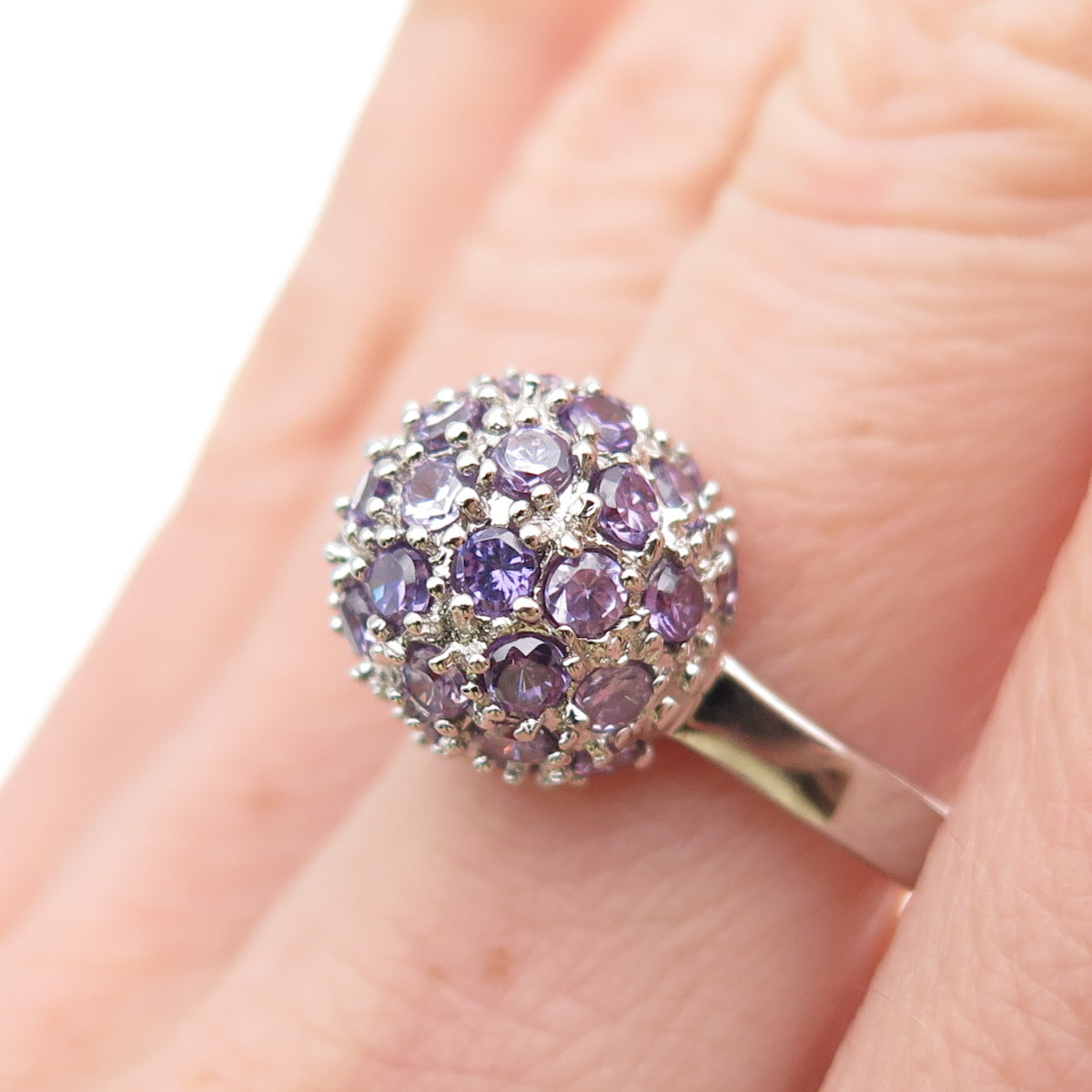 925 Sterling Silver Round-Cut Purple & White C Z Ball Ring Size 8