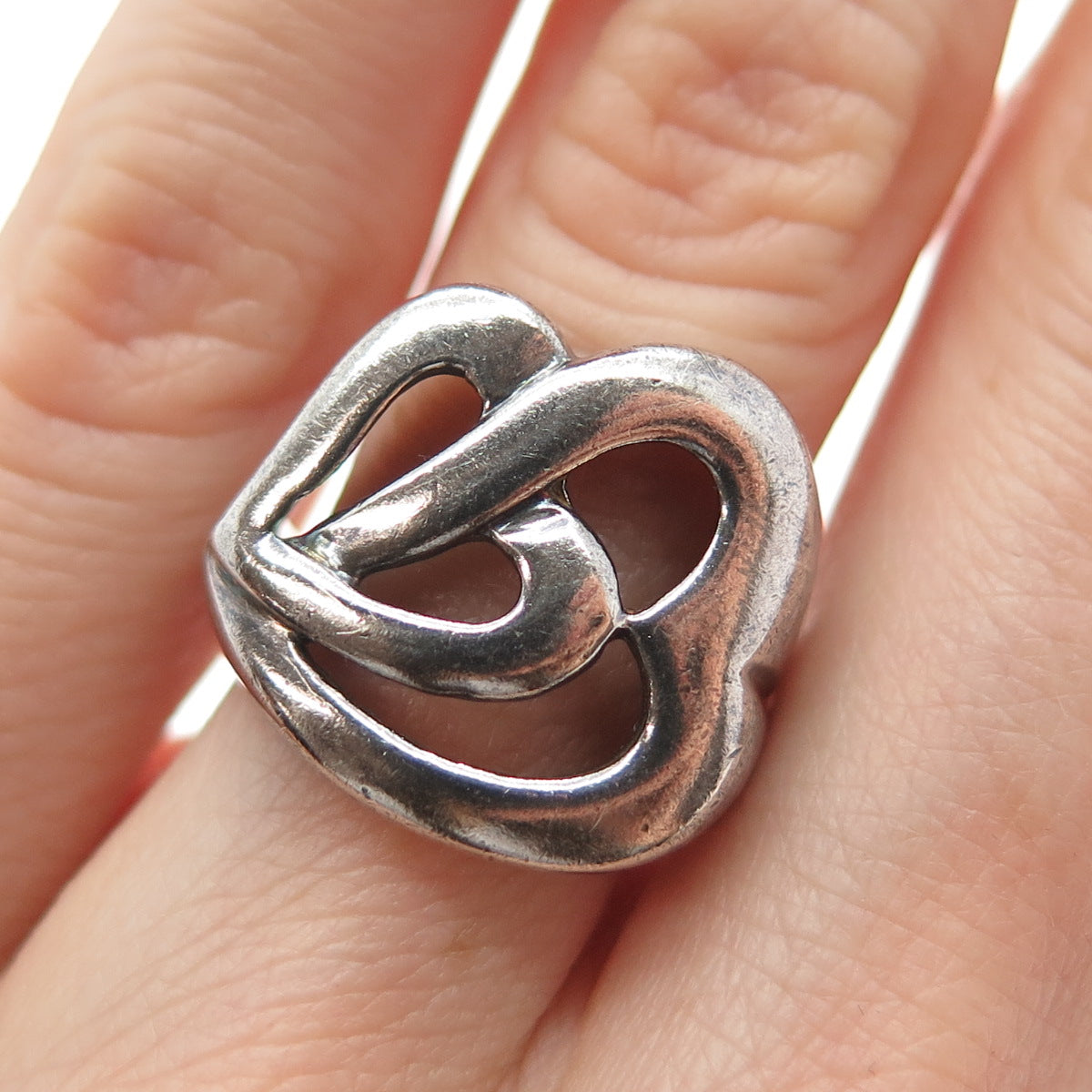 925 Sterling Silver Vintage Interlocked Heart Couple Oxidized Ring Size 6.25