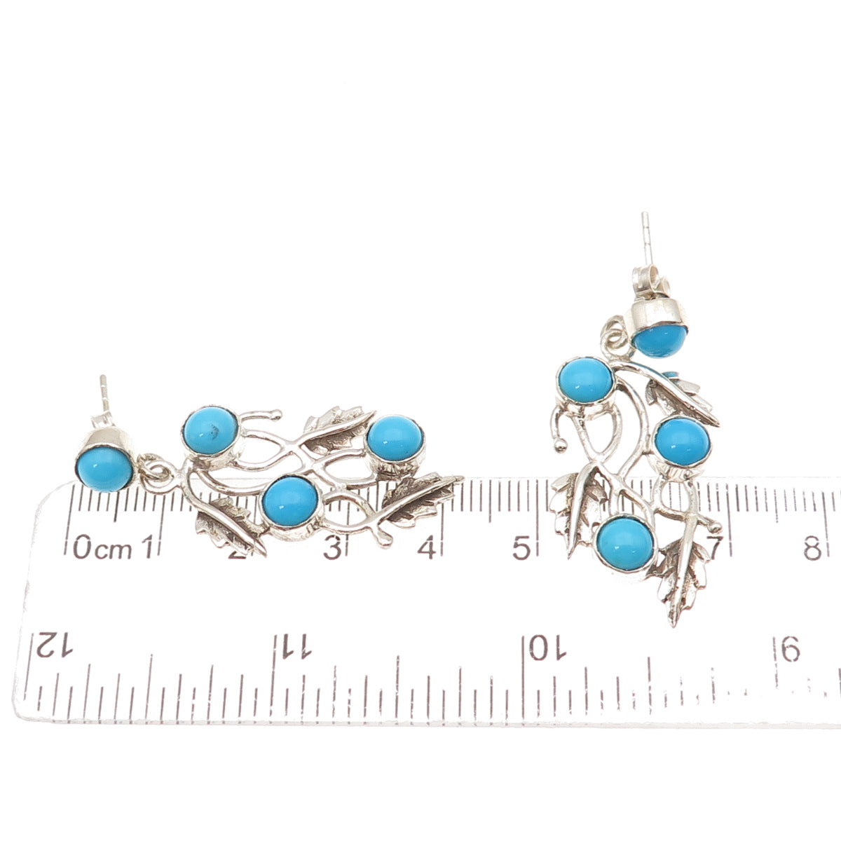 925 Sterling Vintage Real Sleeping Beauty Turquoise Floral Leaf Dangle Earrings