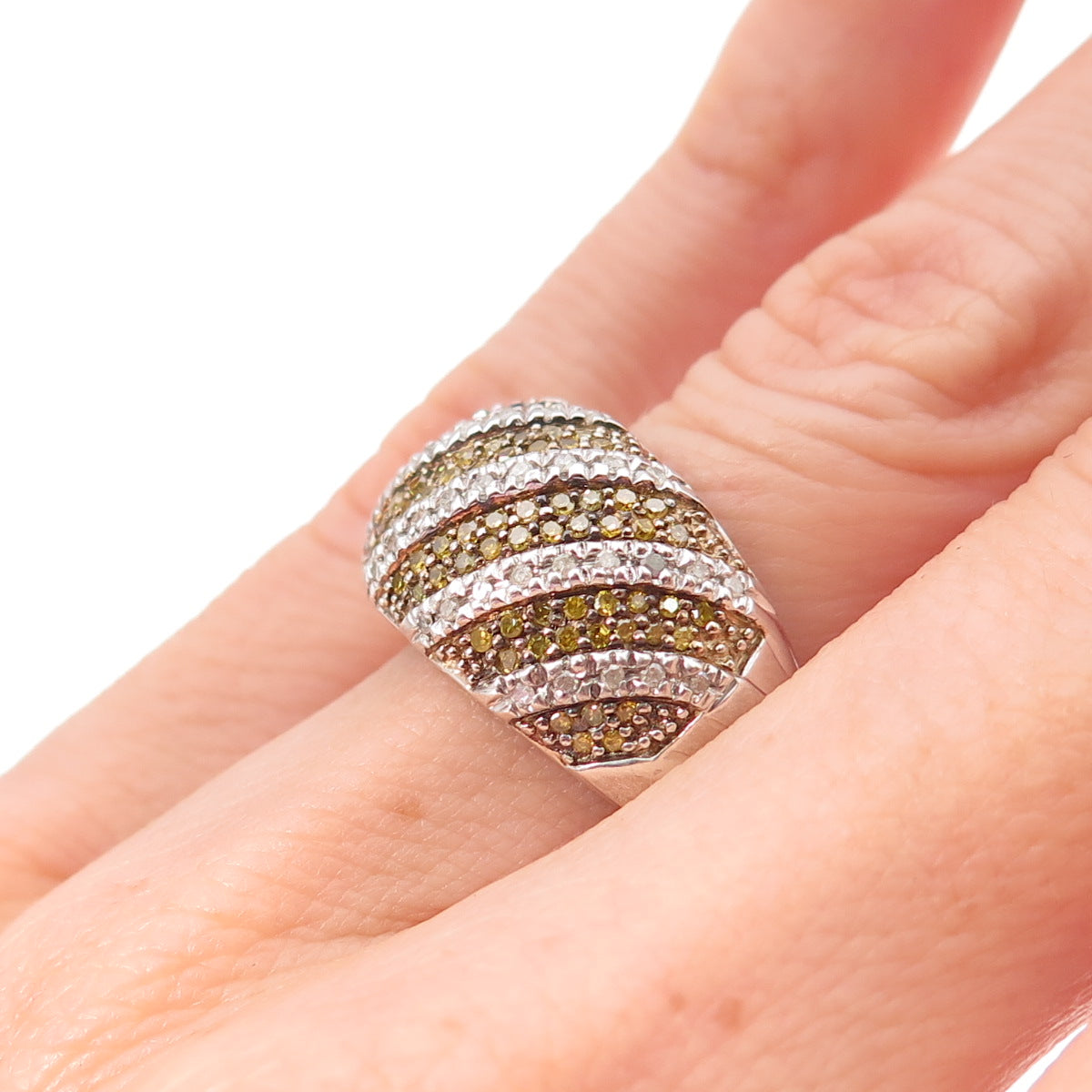 925 Sterling Silver Real Round-Cut Canary & White Diamond Ring Size 5