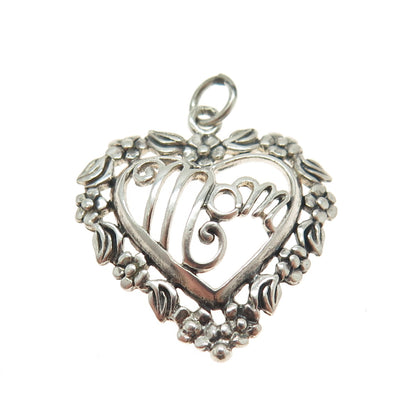 JEZLAINE 925 Sterling Silver Vintage "MOM" Flower Heart Charm Pendant