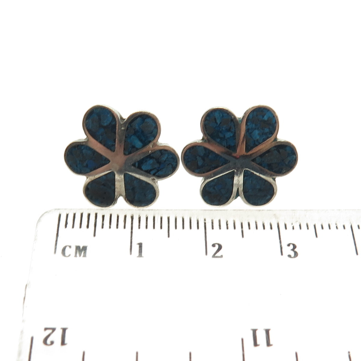 925 Sterling Silver Vintage MR Mexico Real Turquoise Inlay Flower Earrings