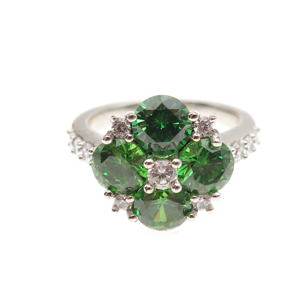 925 Sterling Silver Round-Cut Green & White C Z Ring Size 8