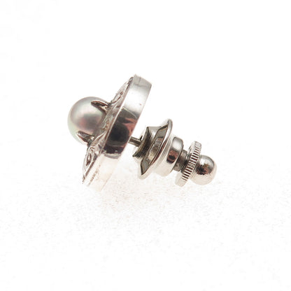 925 Sterling Silver Antique Art Deco Real Pearl Floral Tie Tack / Lapel Pin