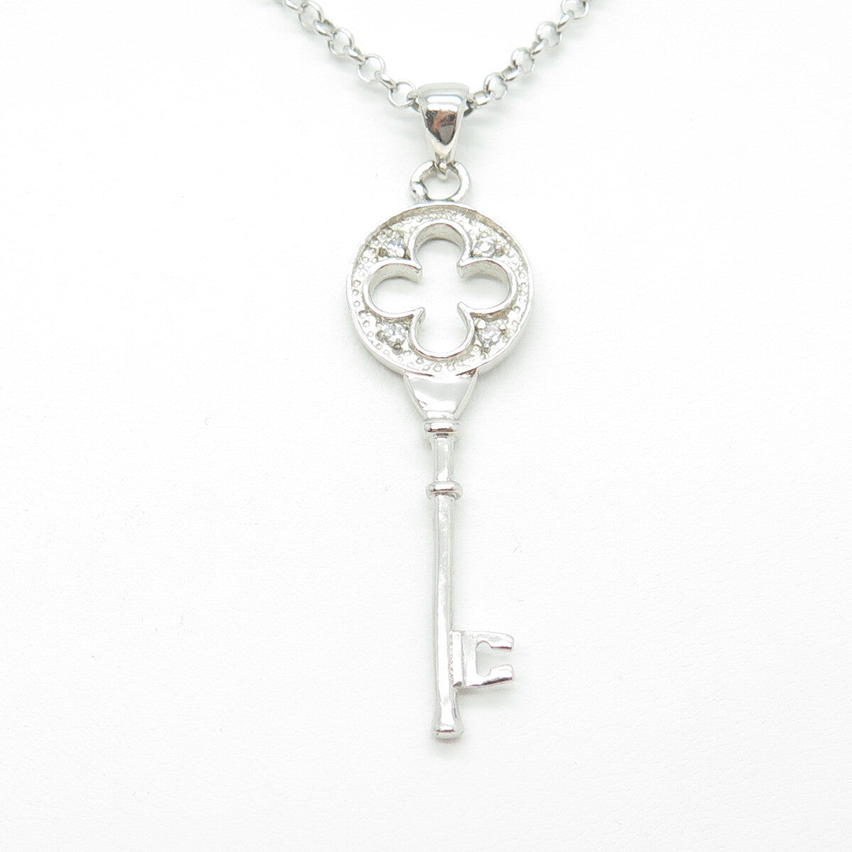 925 Sterling Silver Round-Cut C Z Floral Key Cable Chain Necklace 16"