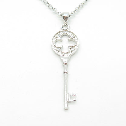 925 Sterling Silver Round-Cut C Z Floral Key Cable Chain Necklace 16"
