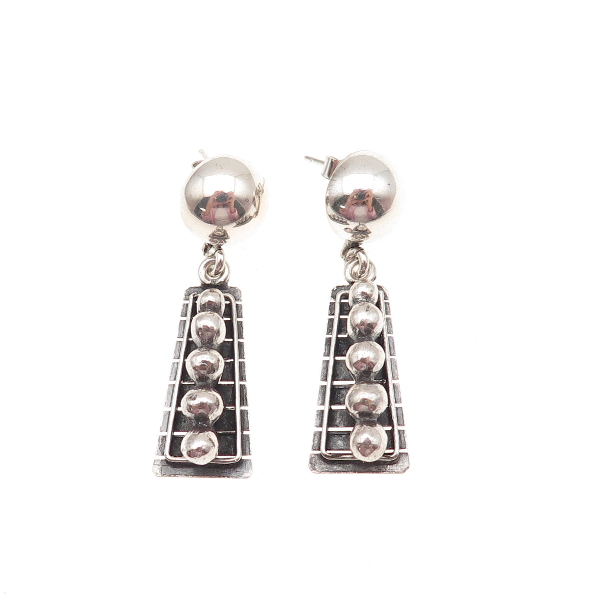 925 Sterling Silver Vintage Modernist Beaded Oxidized Dangle Earrings