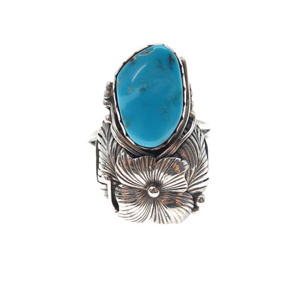 Old Pawn 925 Sterling Vintage Turquoise Flower Blossom Oxidized Ring Size 9.75