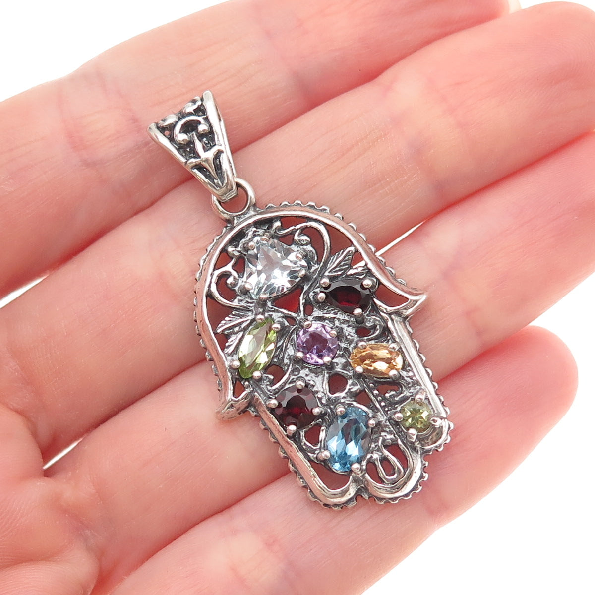 Didae 925 Sterling Silver Vintage Real Multi-Gem Hamsa Amulet Charm Pendant