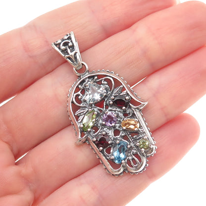 Didae 925 Sterling Silver Vintage Real Multi-Gem Hamsa Amulet Charm Pendant