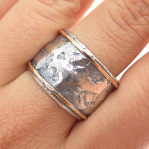 925 Sterling Silver & 14K Gold Vintage Modernist Oxidized Band Ring Size 9.75