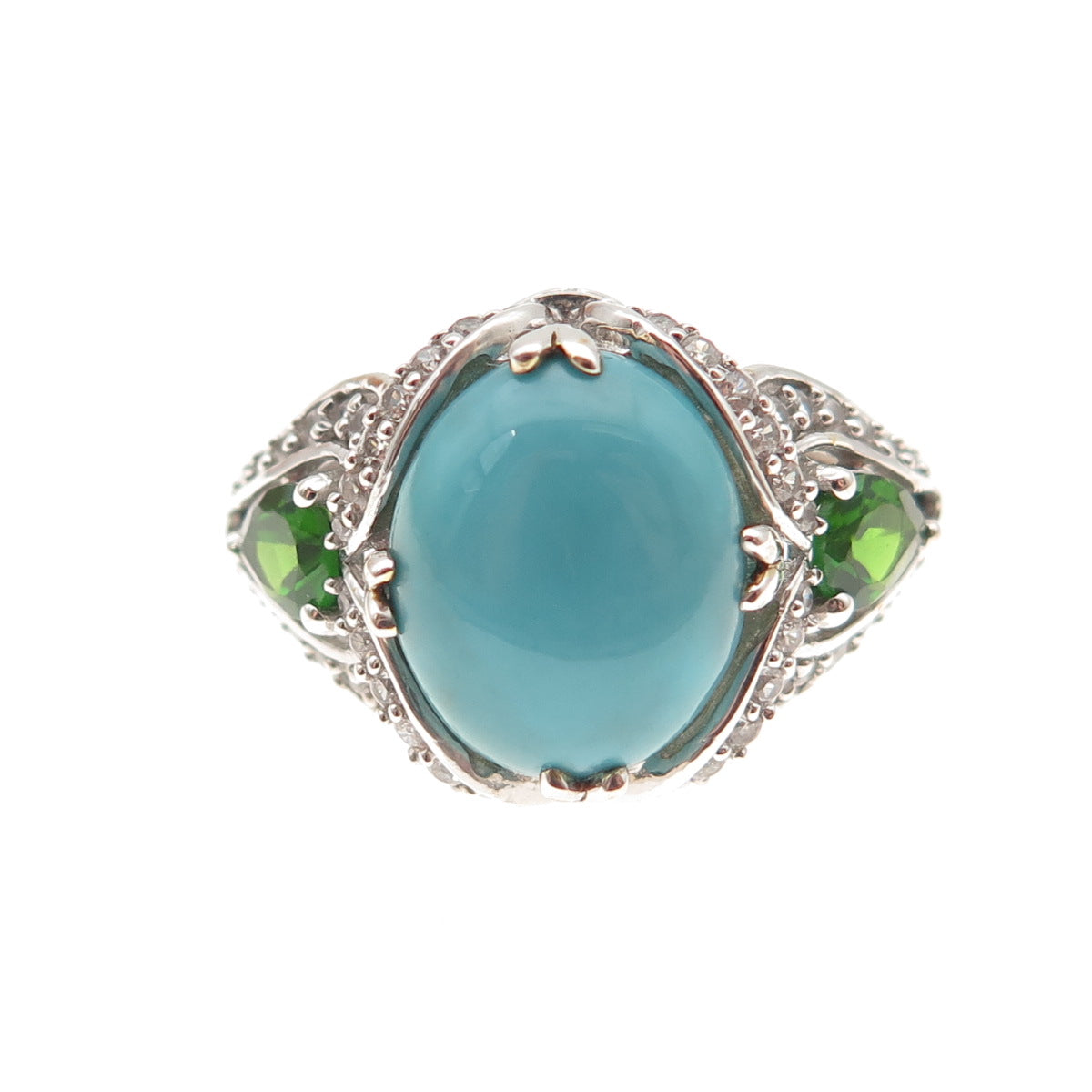 925 Sterling Silver Real Turquoise Peridot & White Topaz Ring Size 8.25