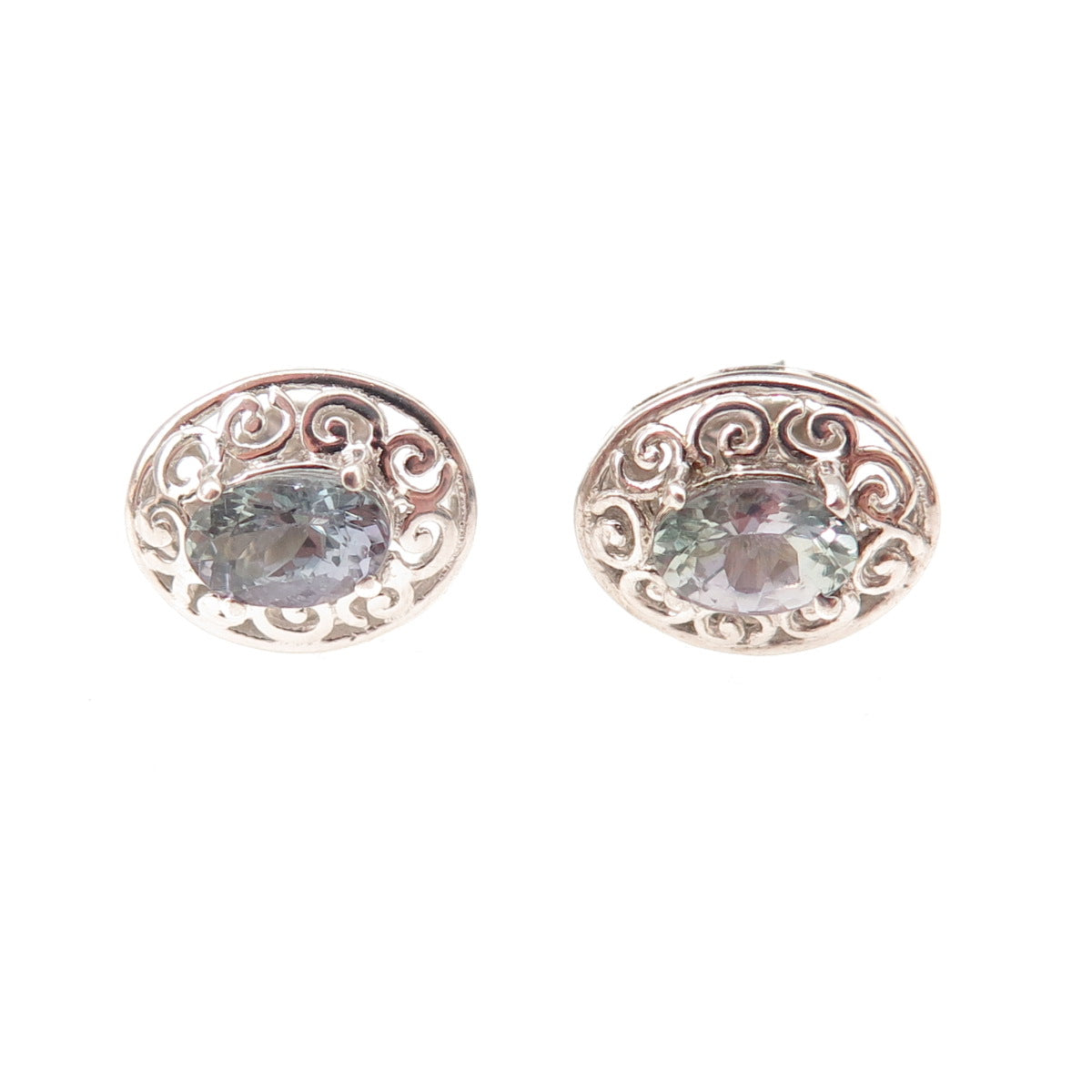 Chuck Clemency 925 Sterling Silver Real Oval-Cut Iolite Floral Stud Earrings