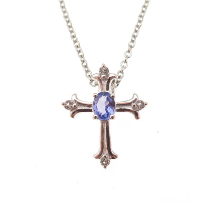 Chuck Clemency 925 Sterling Silver Real Tanzanite White Topaz Cross Necklace 20"