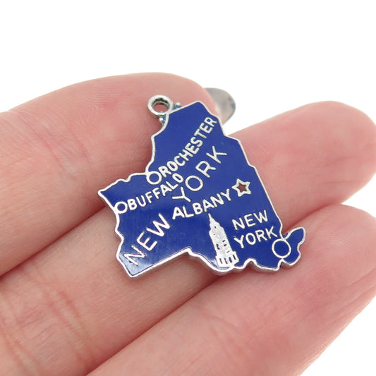 DANECRAFT 925 Sterling Silver Vintage Enamel "New York" State Map Charm Pendant