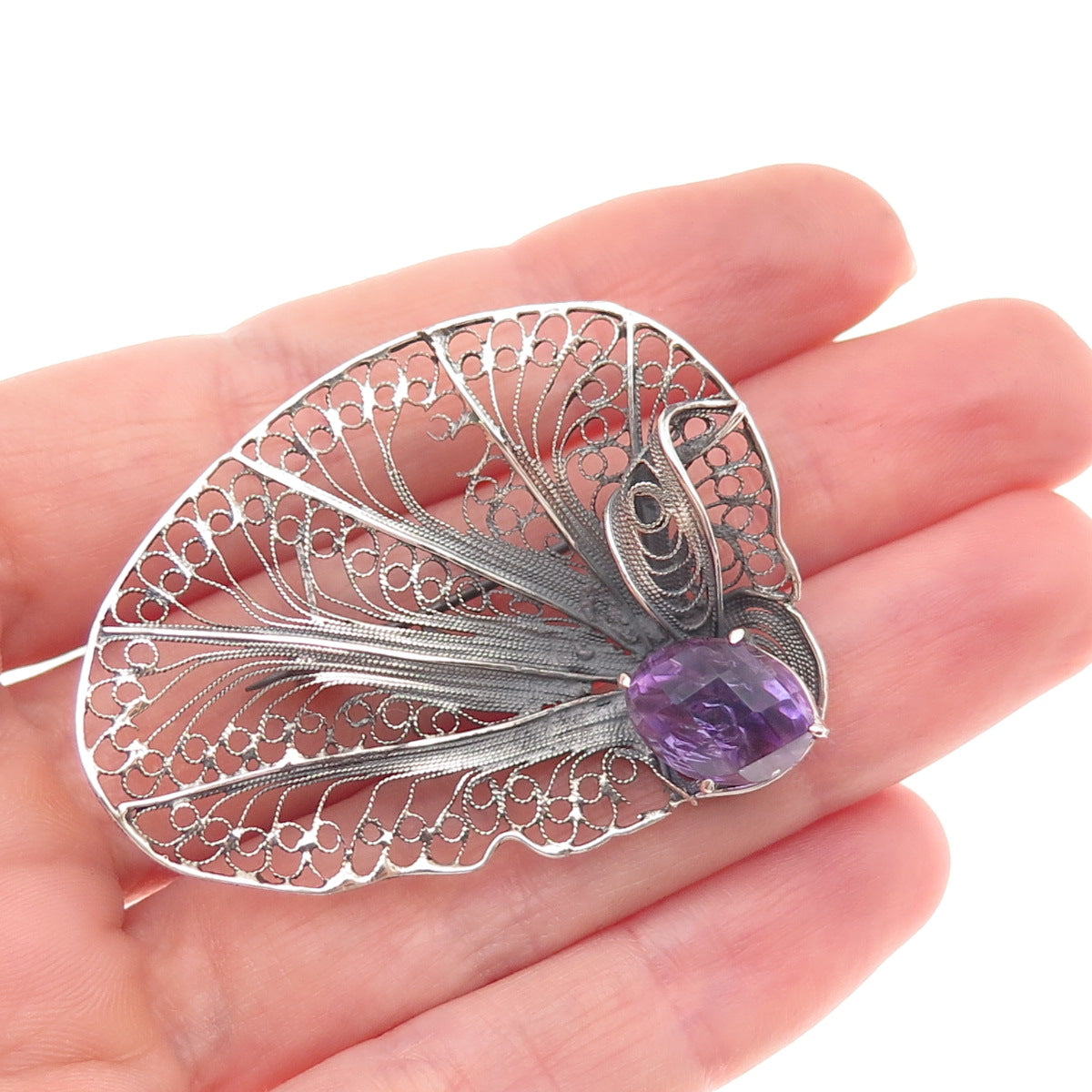 925 Sterling Silver Vintage Real Amethyst Floral Filigree Oxidized Pin Brooch
