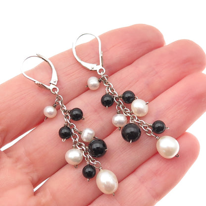925 Sterling Silver Vintage Real Pearl & Black Onyx Ball Beads Dangle Earrings