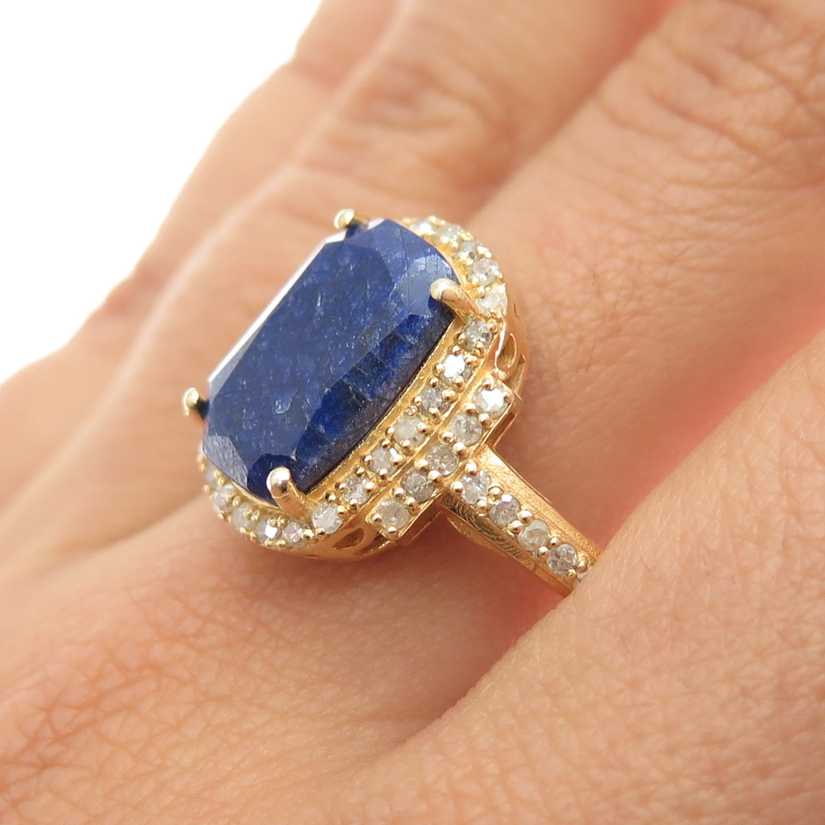 DSMK 925 Sterling Silver Gold Plated Real Diamond & Sapphire Ring Size 9.25