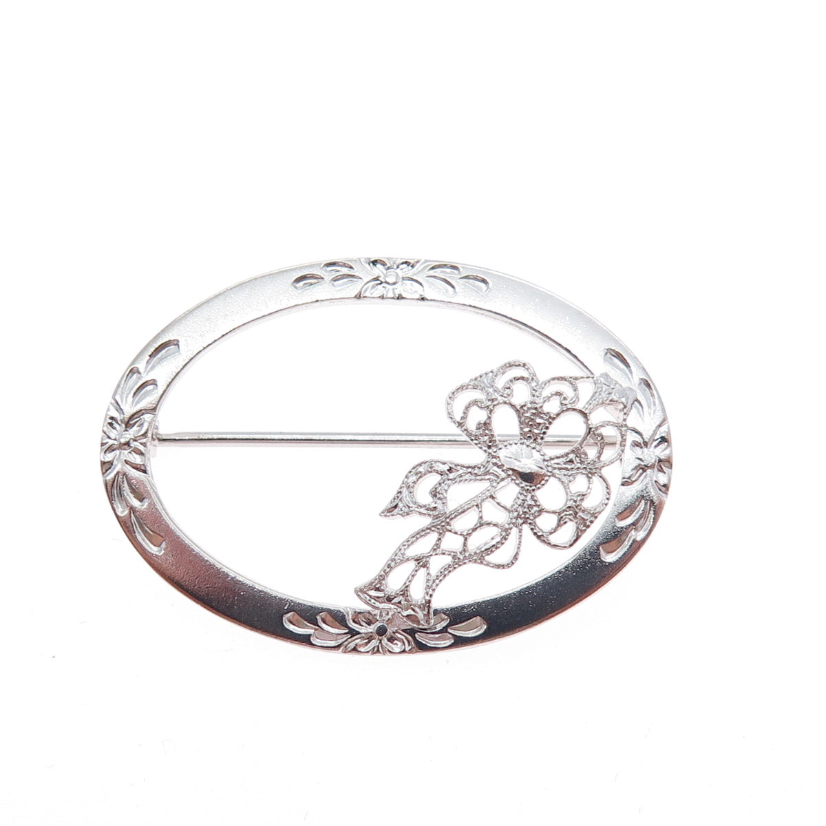 925 Sterling Silver Vintage Flower & Bow Oval Pin Brooch