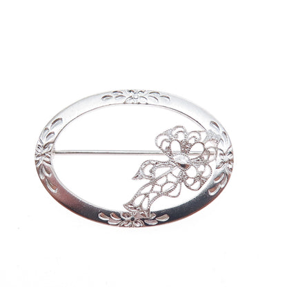925 Sterling Silver Vintage Flower & Bow Oval Pin Brooch