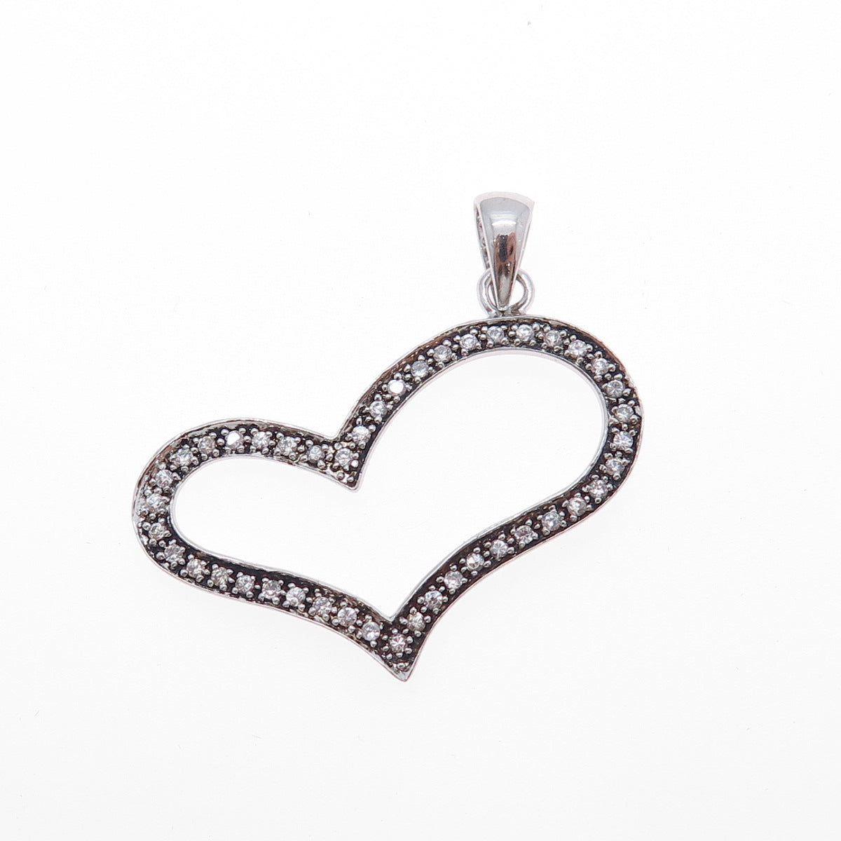 925 Sterling Silver Round-Cut C Z Open Heart Charm Pendant