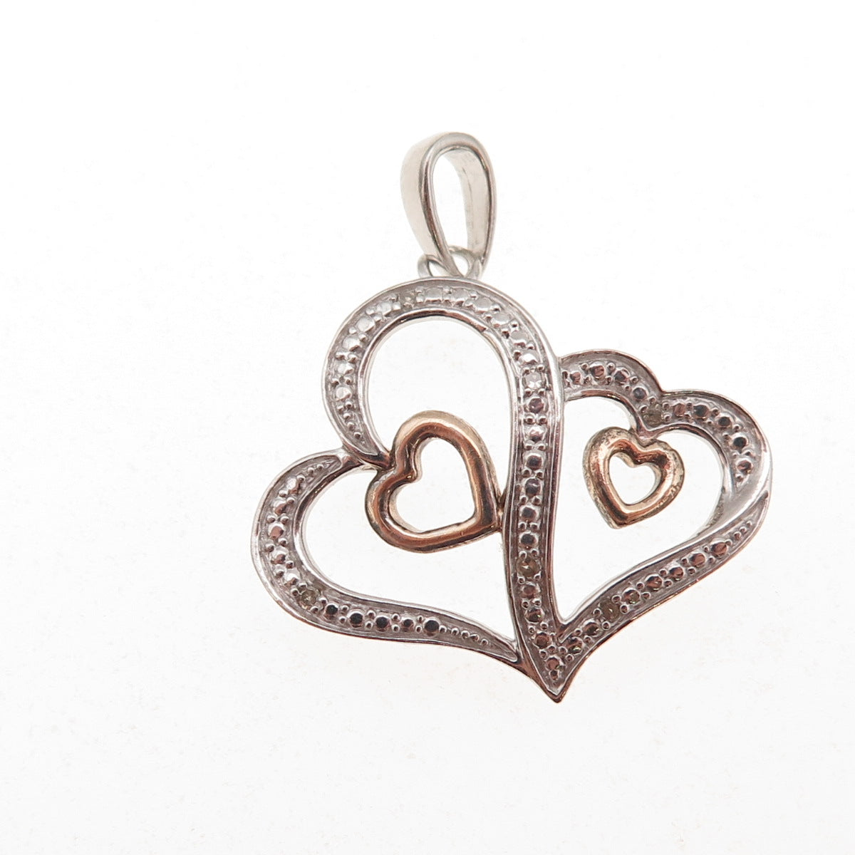 925 Sterling Silver 2-Tone Real Round-Cut Diamond Couple Heart Charm Pendant