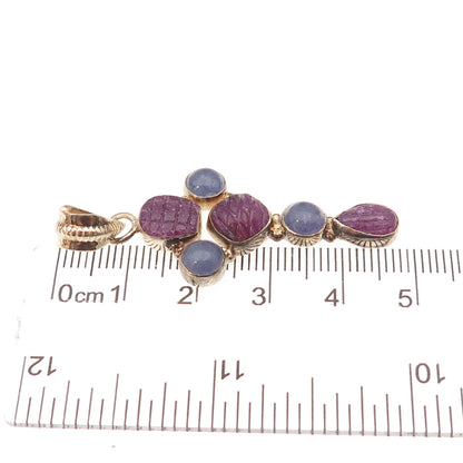 925 Sterling Silver Gold Plated Real Ruby & Tanzanite Cross Charm Pendant