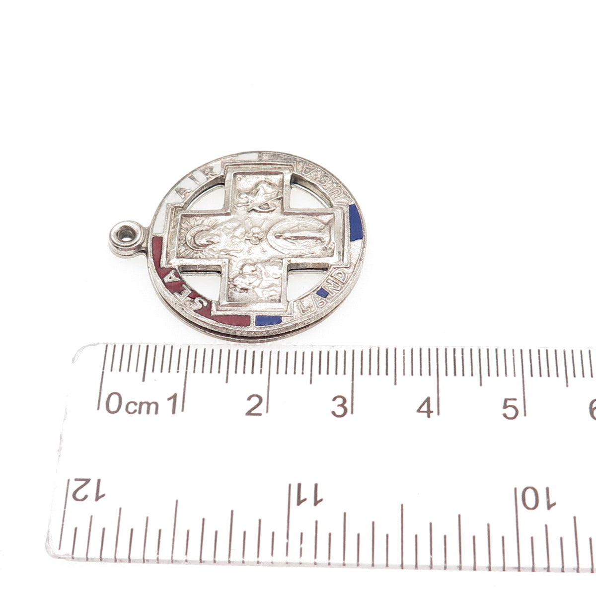 CHAPEL Sterling Antique Enamel Land Sea Air Four-Way Cross Medal Slide Pendant