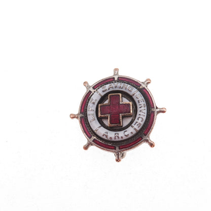 Silver-Tone Antique WWII Enamel American Red Cross Life Saving Service Pin