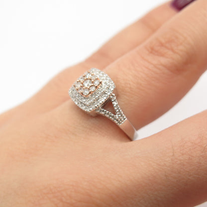 925 Sterling Silver 2-Tone SUN Real White Diamond Square Ring Size 5.75