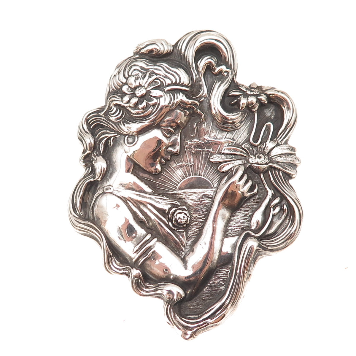 Unger Bros 925 Sterling Silver Antique Art Deco Lady Reposse Pin Brooch Pendant
