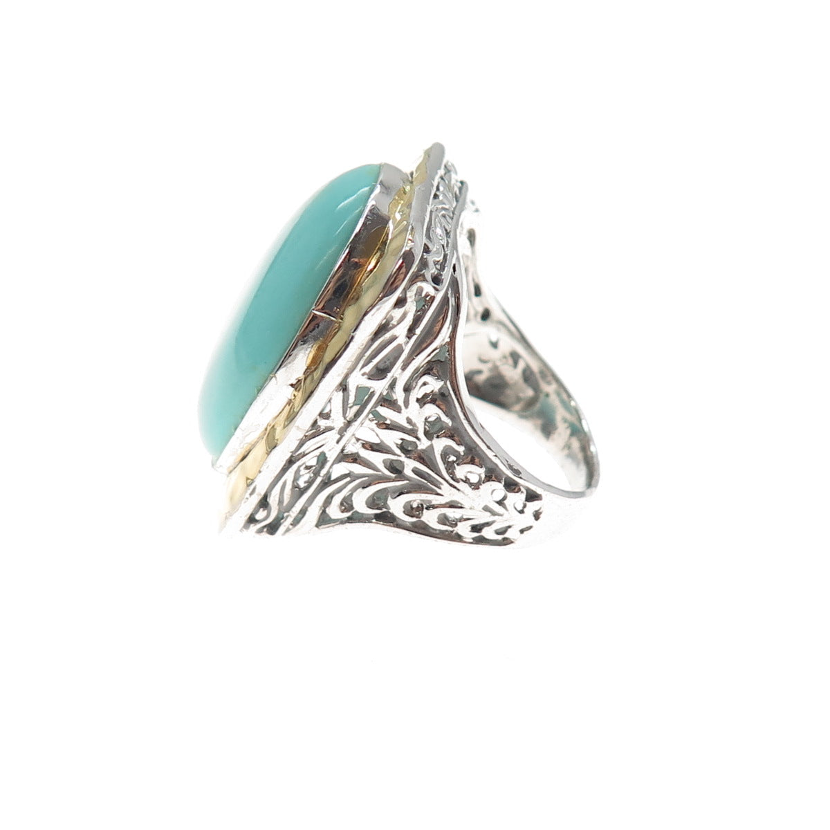 925 Sterling Silver 2-Tone Vintage Real Tyrone Turquoise Hammered Ring Size 6