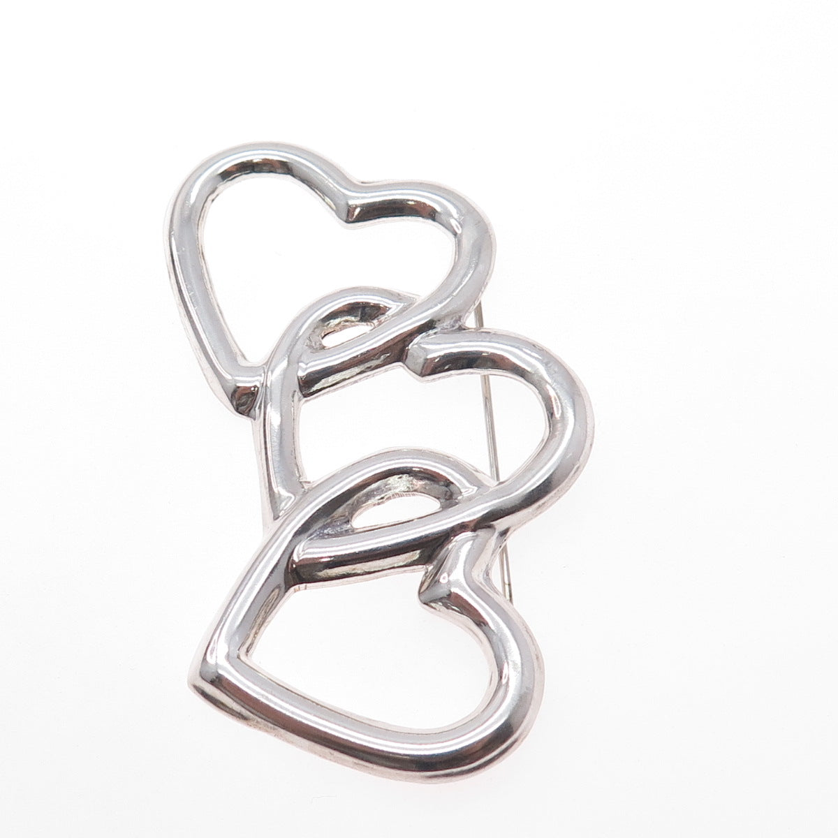 925 Sterling Silver Vintage Mexico Triple Interlocked Heart Pin Brooch