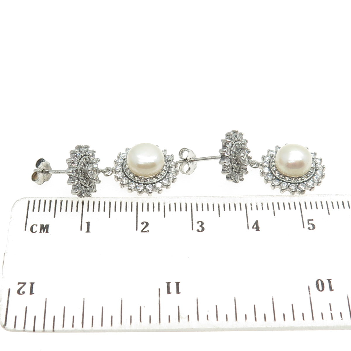 925 Sterling Silver Real Pearl & Round-Cut C Z Flower Dangling Earrings