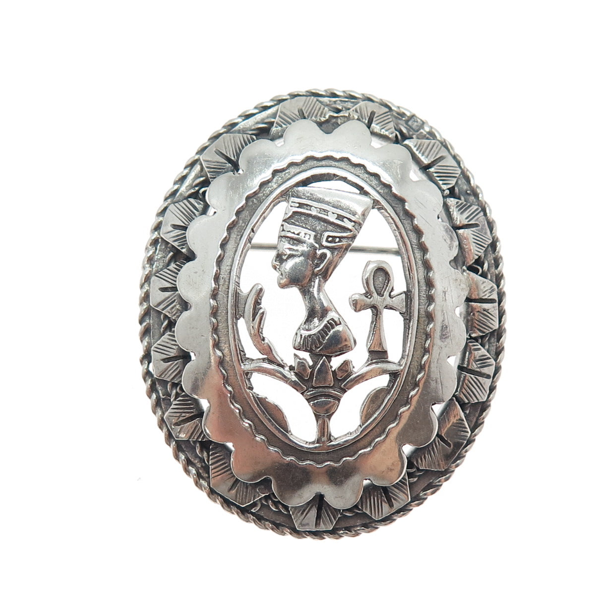 800 Silver Vintage Nefertiti Egyptian Pharaoh Oxidized Pin Brooch / Pendant