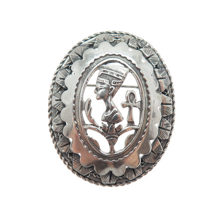800 Silver Vintage Nefertiti Egyptian Pharaoh Oxidized Pin Brooch / Pendant